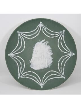 Antique Schafer & Vater Green Jasperware Plate Native American Indian Headdress